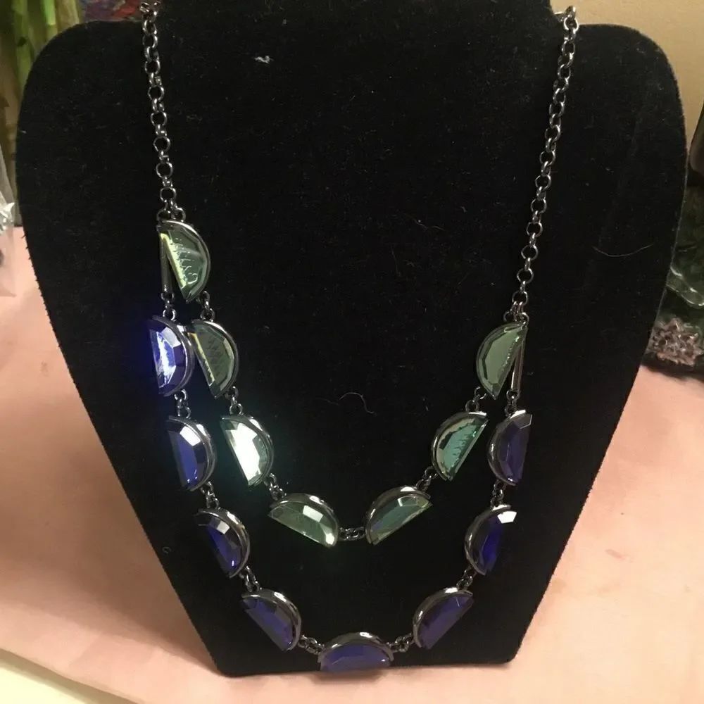 NWT. Coldwater Creek Silver and Sapphire Crescent Gunmetal Necklace